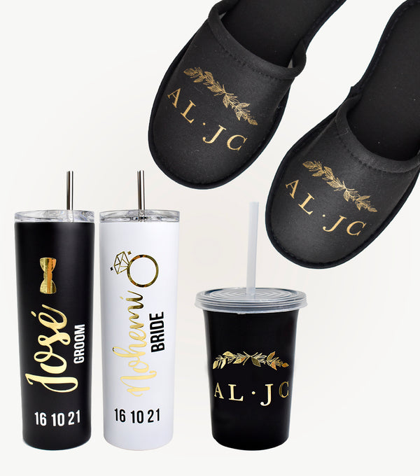 Paquete Vasos Vinil + Pantuflas + 2 Vasos Acero Inoxidable Skinny - Top Knot Party